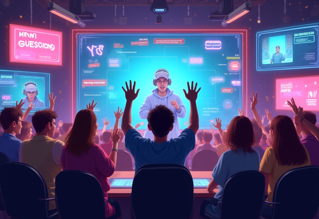 Streamer using OverlayOn engaging OBS widgets including word guessing games, on-screen chat, and quizzes to enhance live streaming experience